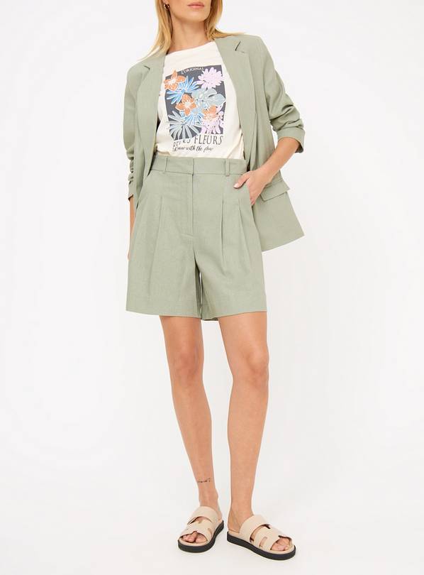 Light Green Linen Blend Tailored Shorts 16